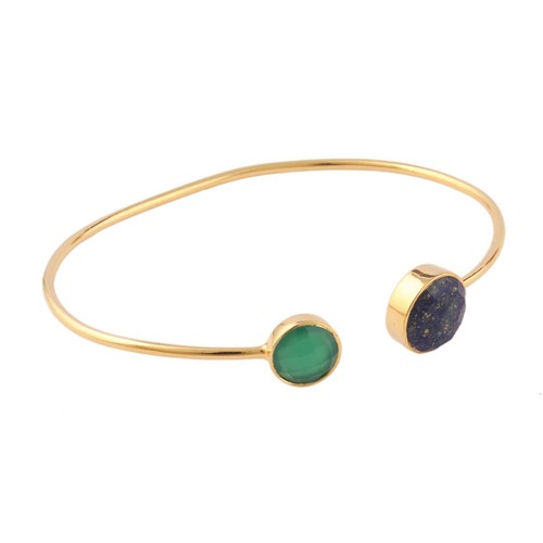 Round Green Onyx Blue Lapiz Gold Plated Handmade Adjustable Open Bangle Jewelry - Picture 2 of 3