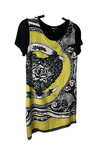 DKNY Shift Dress | Black, Yellow & White | Graphic Design | Short Sleeve | XS - Picture 6 of 7