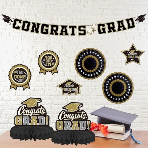 Congrats Grad Banner & Balloon Set - Black and Gold 2025 Graduation Essentials - Bild 10 von 10