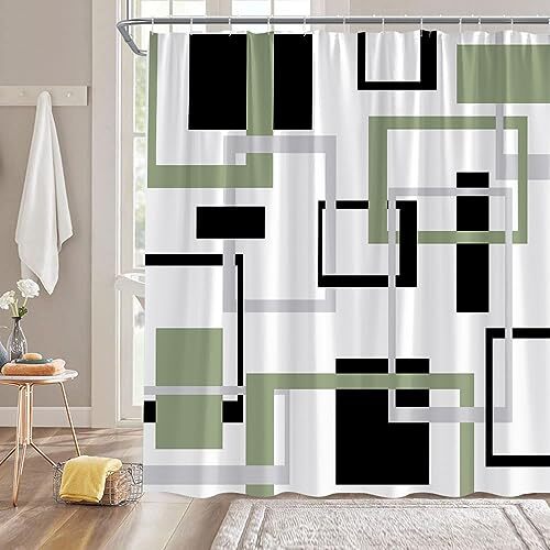 Geometric Shower Curtain 70"W x 70"L (Pack of 1) Sage Green Gray Black White - Bild 2 von 7