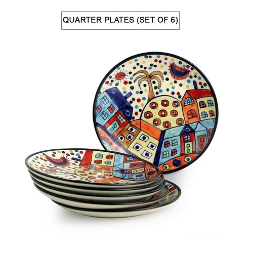 Ceramic Hut Printed Quarter Plates Set, 6-Pieces, Multicolour - Picture 2 of 4