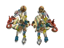 Lunch at the Ritz Blue Green Red Enamel Fish Sea Horse Charm Tassel Earrings