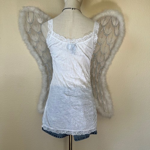 Vintage Weavers Lace Cami Top White Tank Coquette Kawaii Cute Size L Crinkle Y2K - Picture 4 of 7
