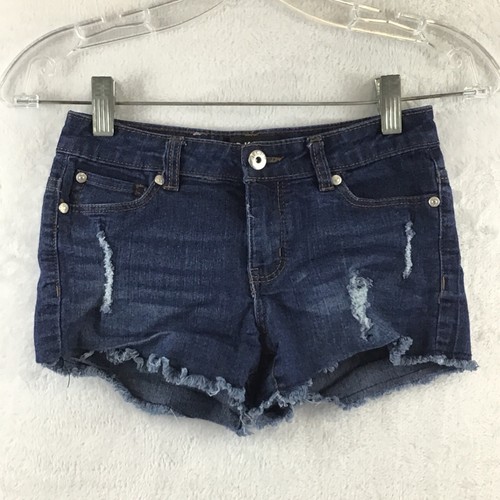 DKNY / Cut-Off Destroyed Fringe Stretch Dark Denim Jean Shorts / Girls Size 8 - Picture 1 of 9