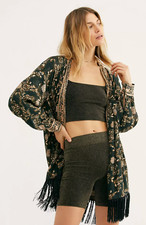 EUC M Free People Kaelin Floral Print Embroidered Fringe Kimono