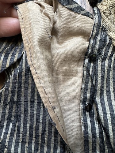 Robe Et Chapeau En Soie Rayures Grises Poupée Anciennes - Photo 21/24