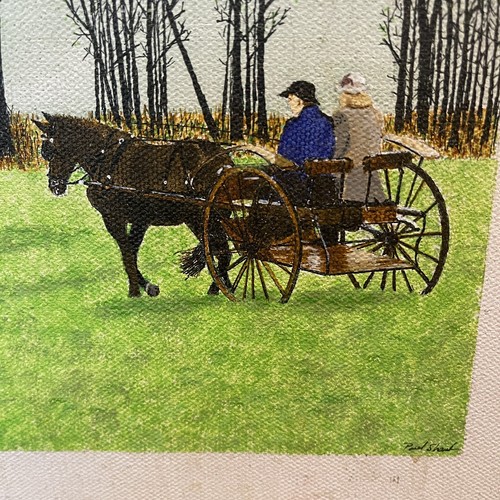 Pair Artist Signed Paul Shaub Acrylic On Canvas Horse Drawn Carriage Woods Field - Picture 9 of 13