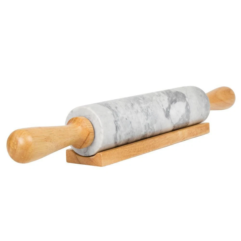 Creative Home Rolling Pin Deluxe 18" W Gray Marble Wood Handles Storing Cradle