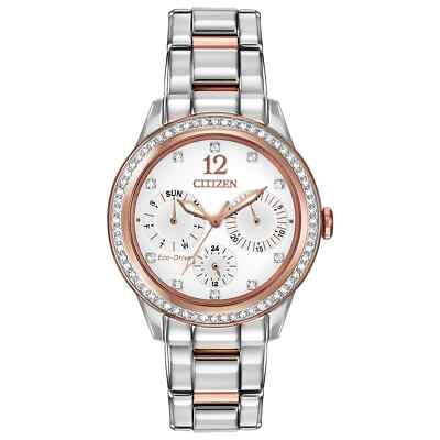 Citizen Women's Crystal Eco-Drive Day Silver Pink Gold Watch 37MM