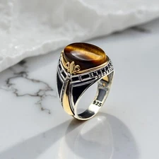 925 Sterling Silver Men's Ring with Tiger's Eye Stone, Handmade Unique Jewelry