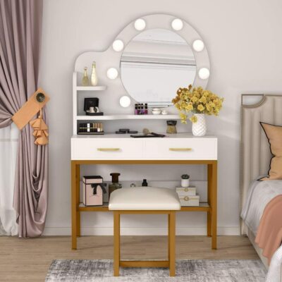 Ouro Branco Conjunto Vanity Penteadeira Com Espelho Redondo Luz Gaveta E Banquinho Conjunto Vanity Penteadeira Com Espelho, Vanity Set With Round Lighted Mirror