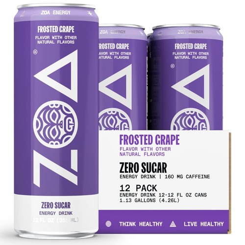 ZOA Zero sugar Energy Drinks, Frosted gape Sugar Free with Electrolytes....