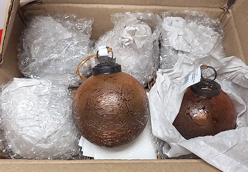 NEW Box of 6 Glass Ball Christmas Ornaments Crackled Gold-Silver 3" SHISHI