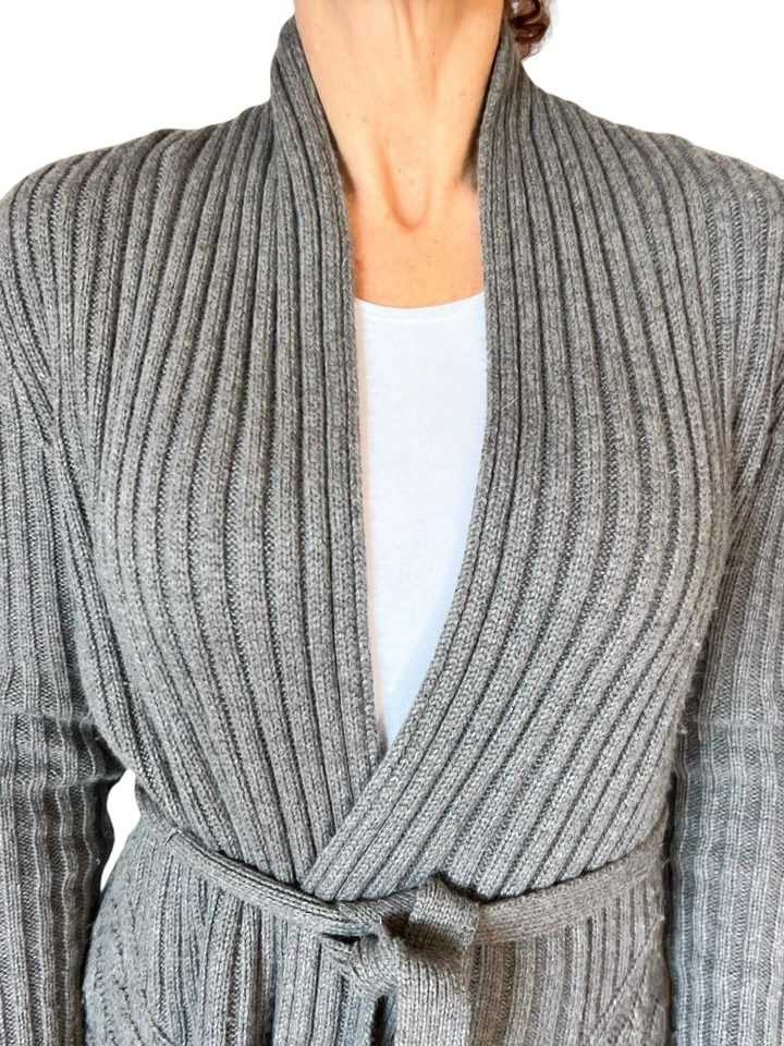 BCBG MAX AZRIA GRAY NOLAN RIBBED CABLE KNIT  BELTED WOOL CARDIGAN SWEATER XS - Image 4 of 4