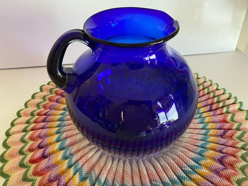 Vintage Hand Blown Cobalt Blue Glass Pitcher With Small Gold Flakes 7 3/4" Tall - Picture 1 of 9