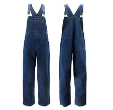 Cotton Denim Adult Blue Overalls Straight Leg Bib Buckle Straps Unisex Pants