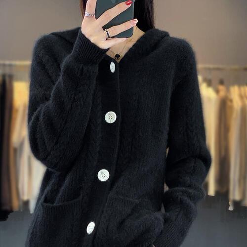 Thicken Hooded Collar Pure Wool Cardigan Womens Loose Knit Cashmere Sweater Coat - Imagen 12 de 12