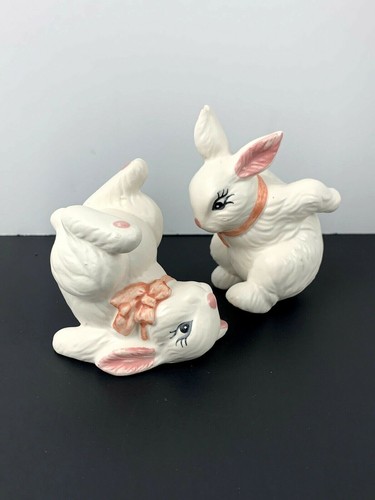 Playful Small Bunny Rabbit Ceramic Figurines Lot of 2 Cute Easter Decorative - Picture 4 of 8