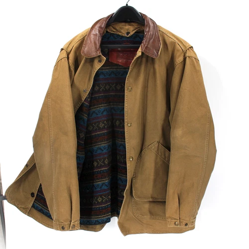 Vintage Woolrich Wool Blanket Lined Leather Collar Snap Green Chore Barn Coat L