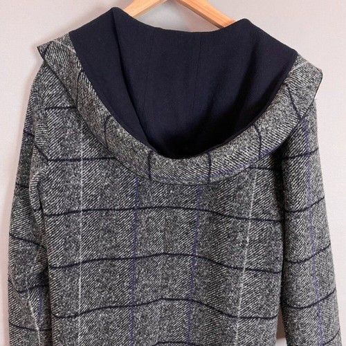Olivia Lauren Open Jacket Hood Lined Gray Plaid Navy Blue Trim Women Understated - Picture 5 of 10