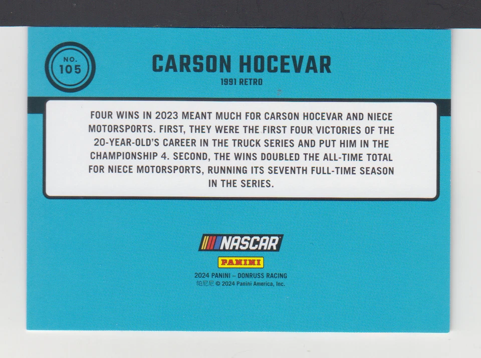 CARSON HOCEVAR : DONRUSS 2024 - BLUE /199 - CARD No.# 105 - Image 2 of 2