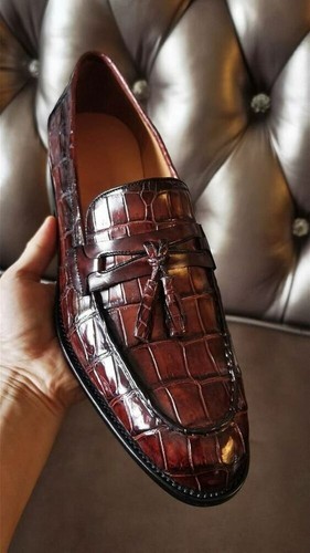 New Men's Handmade Brown Crocodile Texture Leather Dress Party and Wedding Shoes - Picture 2 of 10