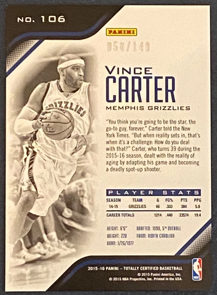 2015-16 Panini Totally Certified VINCE CARTER #106 Totally Red Parallel #58/149 - Image 2 of 2