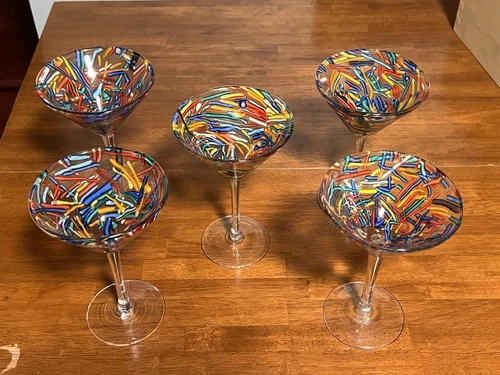 Set of 5 Hand Blown Confetti Martini/Margarita Glasses Very Colorful