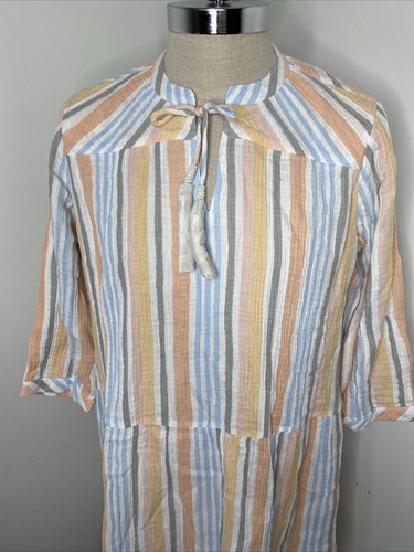 Soft Surroundings Laguna Gauze Dress Sz L Peach Grey Striped Maxi Tiered Tie NEW - Picture 3 of 11