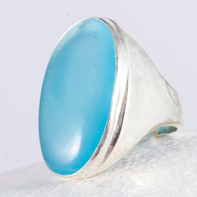 925 Sterlingsilber, Sehr edler, massiver, großer Ring Chacedon, Hellblau, Gr. 57