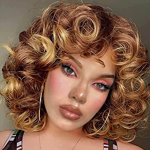 Short Loose Wave Curly Wigs with Bangs Brown Wigs Highlight Stylish Curly Wigs - Picture 4 of 9