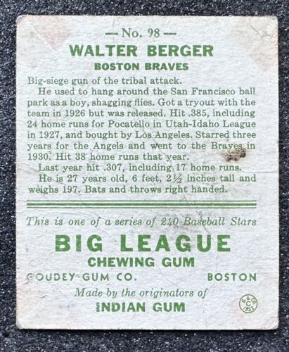 Goudey Walter Berger 1933 #98 Boston Braves (4x All-Star) - Imagen 2 de 3