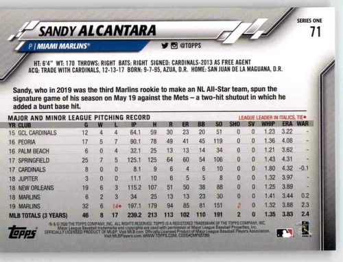2020 Topps Series 1 Sandy Alcantara Base Card MLB PWE Set Break Marlins #71 - Picture 2 of 2