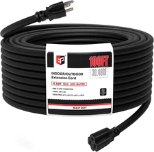 100 Ft Outdoor Extension Cord - 12/3 SJTW Heavy Duty Black Extension Cable with
