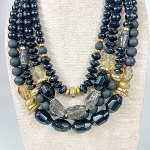 Chicos Amelia Black Multistrand Chunky Necklace Gold Tone Clear Bead Accents - Picture 2 of 4