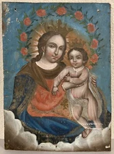 19th C. Antique Colonial Oil Painting Virgin Mary Refugio Christ Retablo Mexican