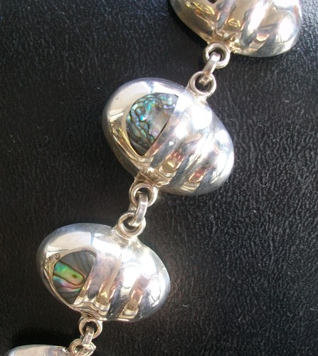 VINTAGE TAXCO MEXICO 925 Sterling Silver Inlaid Abalone Oval Link Bracelet 7.75" - Picture 12 of 12