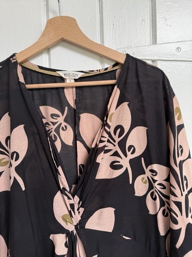 White Stuff Cleo Beach/Swim Black Kimono Dress W Bold Floral Print, Size L - Picture 7 of 13