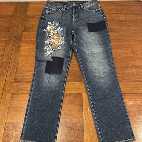 Chico's The So Slimming Girlfriend Ankle Sz 0 Blue Jeans Denim Embroidered