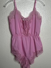 Vintage Blush Womens Pink Nylon Lingerie Romper Lace Trim Sz Medium Snaps USA