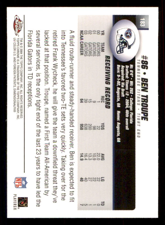 2004 Topps Chrome #183 Ben Troupe RC - Image 2 of 2