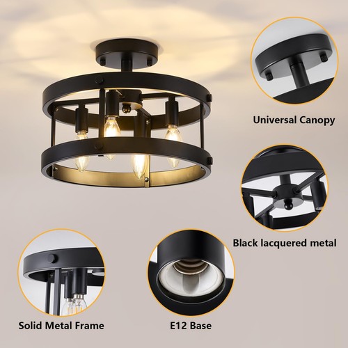 4-flammige Industrie Deckenleuchte, schwarze halbunterputz Pendelleuchte, Flur... - Bild 5 von 9