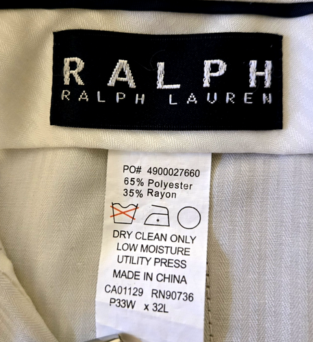 PANTALONES RALPH LAUREN Hombres 33X32 Mezcla Rayón Clásico Pierna Recta Vestido Caqui Oficina - Imagen 8 de 10
