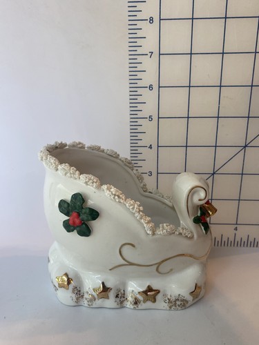 VTG 1950s NAPCO Christmas Sleigh Planter With 2 Reindeer Spaghetti Trim Gold - Picture 10 of 16