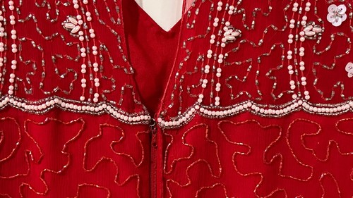 Laurence Kazar Dress Medium Red Beaded Silk Gown Long Sleeve Sheer Vintage READ - Picture 17 of 21