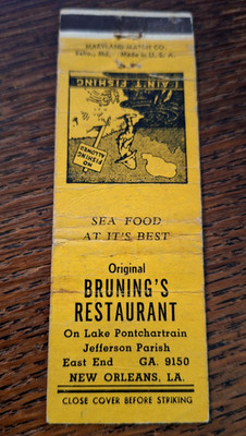 Vintage Matchbook: Bruning's Restaurant, Jefferson Parrish, New Orleans, LA