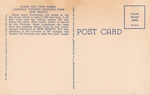 Postcard NM: Giant & Twin Domes, Carlsbad Caverns, New Mexico, Linen 1940's - Picture 2 of 2