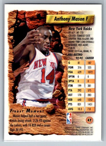 1993-94 Finest Anthony Mason #47 NY Knicks - Picture 2 of 2