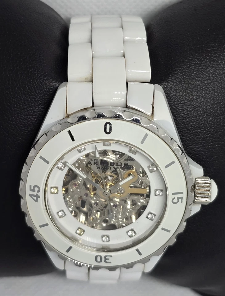 Women's Akribos XXIV White Ceramic Automatic Skeleton Crystal Bezel Watch 09 - Image 4 of 4