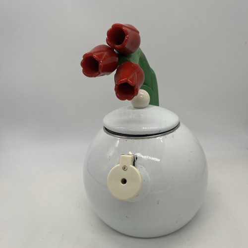 Ancona Kettle 3 Red Tulips Enamel Vintage Teapot - Missing Hummingbird - Picture 3 of 11